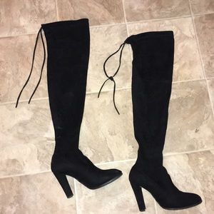 Black Faux Suede High Heeled Thigh High Boots